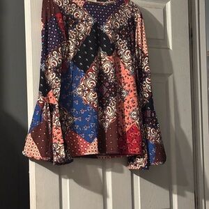 Patchwork Print Bell Sleeve Top - Multi